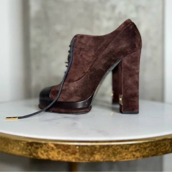 Chanel Brown Suede Leather Platform Lace Up Block Heeled Oxford Boot - Picture 10 of 17
